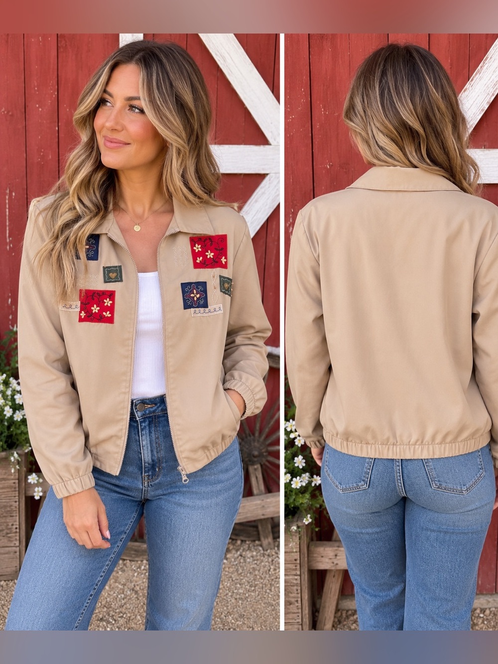 Vintage Alfred Dunner Petite 12P Embroidered Patch Zip Jacket Beige Y2K